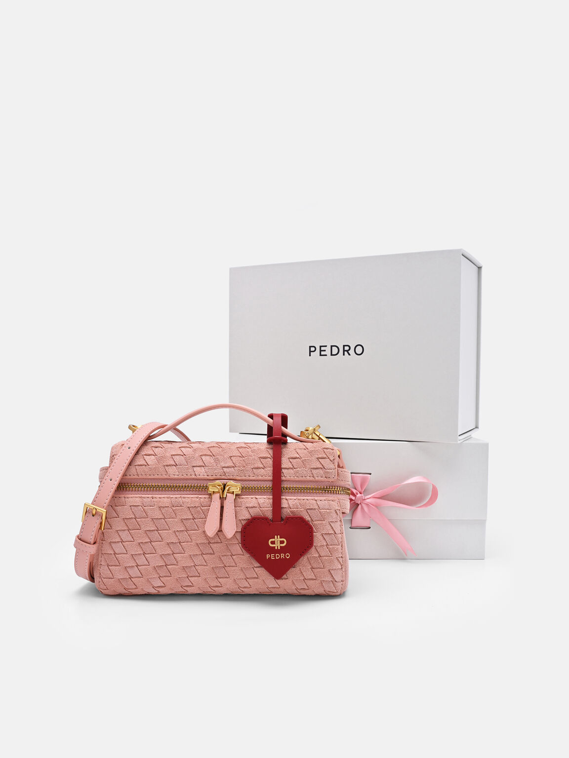 Alyssa Suede Woven Shoulder Bag with Charm, Pink Weave