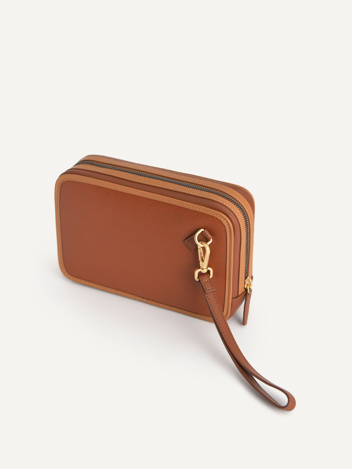 Buckled Textured Leather Clutch, Cognac