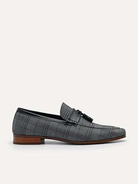 Balmoral Plaid Penny Loafers with Tassels, Grey