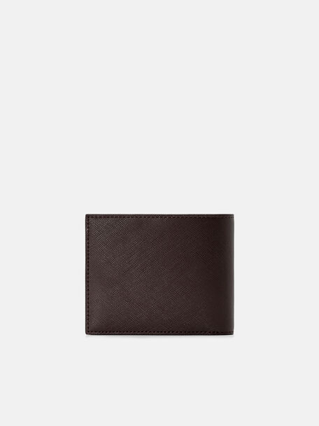 Saffiano Leather Bi-Fold Wallet with Coin Pouch, Dark Brown Saffiano
