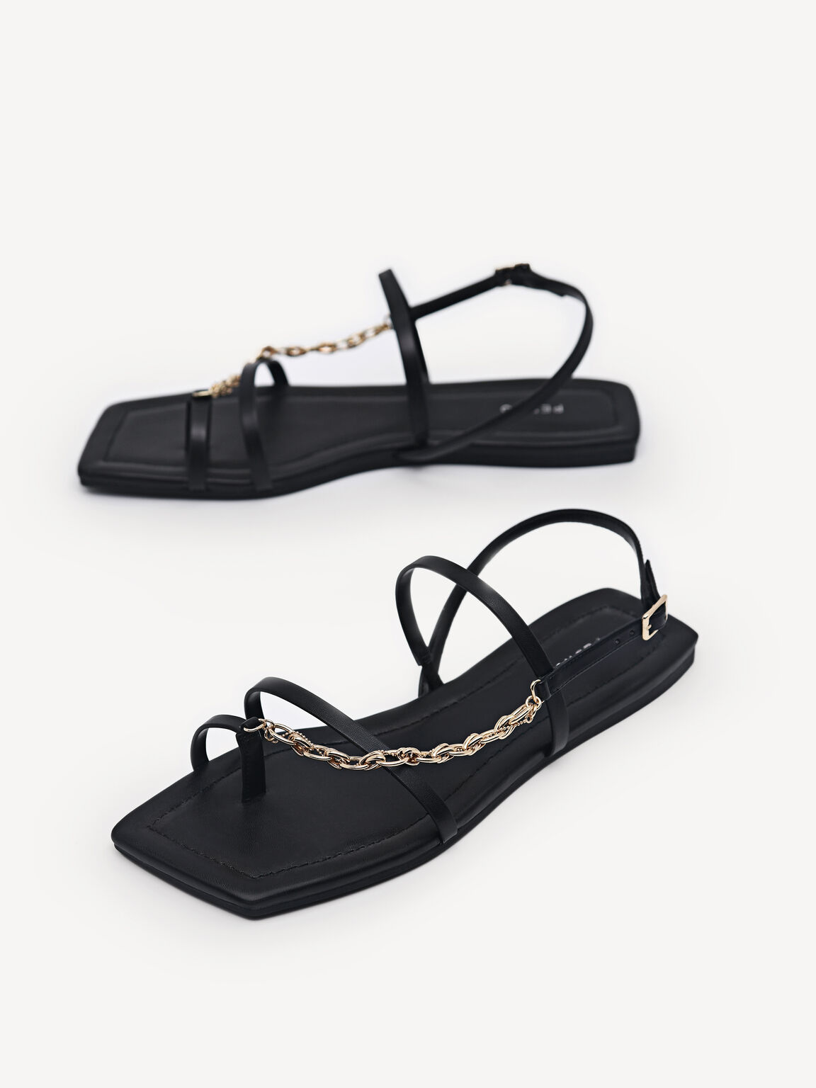 Strappy Sandals with Chain Strap, Black