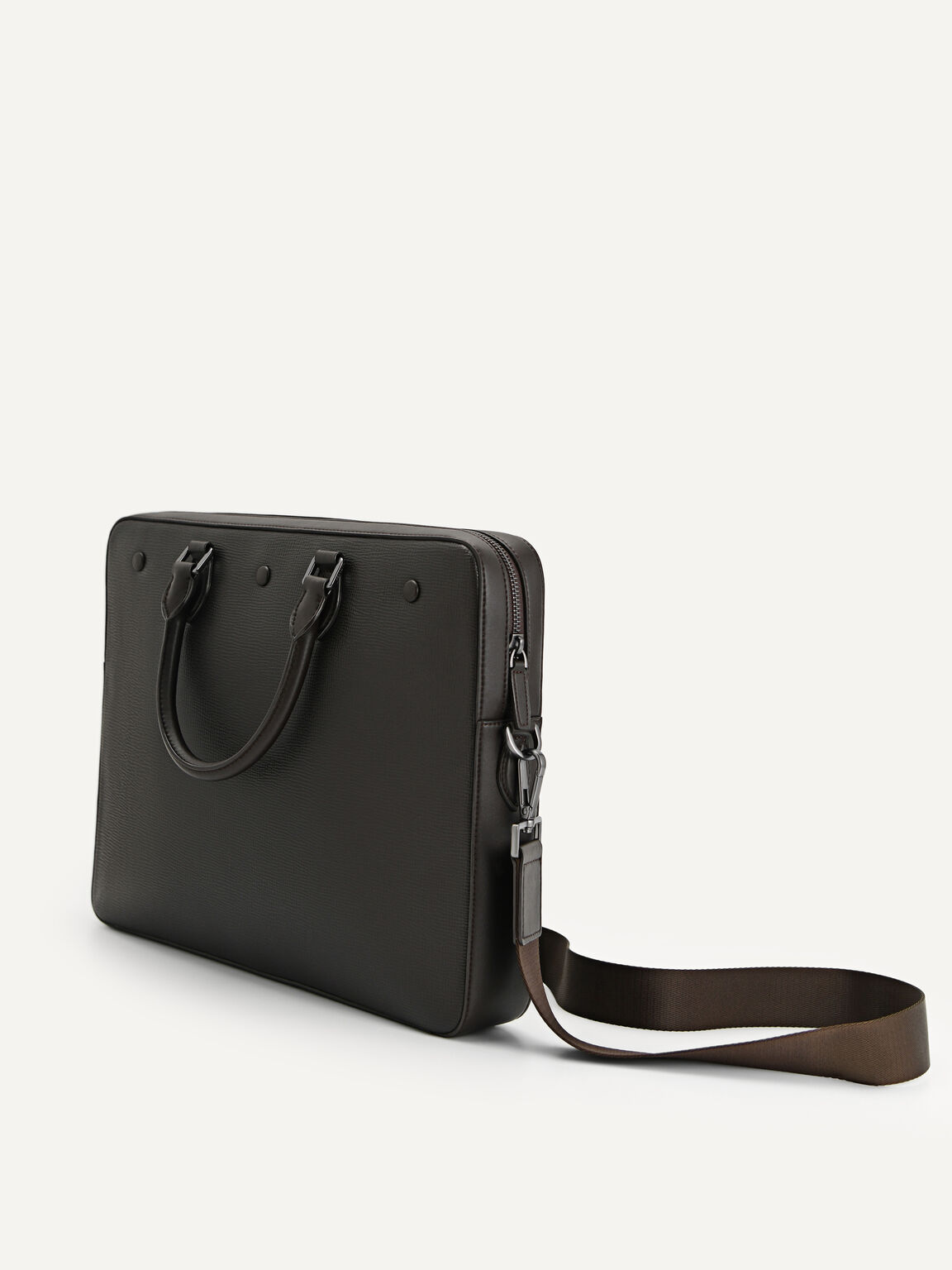 Textured Leather Briefcase, Dark Brown, hi-res