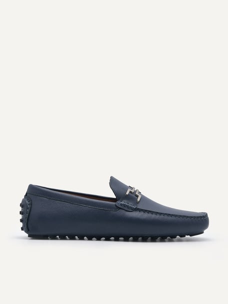 Embossed Leather Driving Shoes, Navy