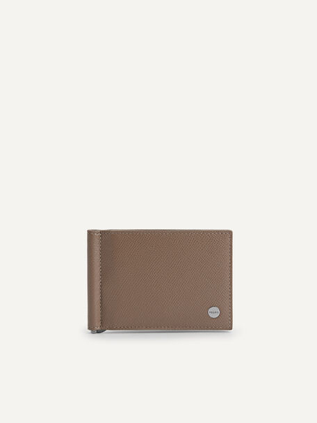 Textured Leather Bi-Fold Wallet, Taupe, hi-res