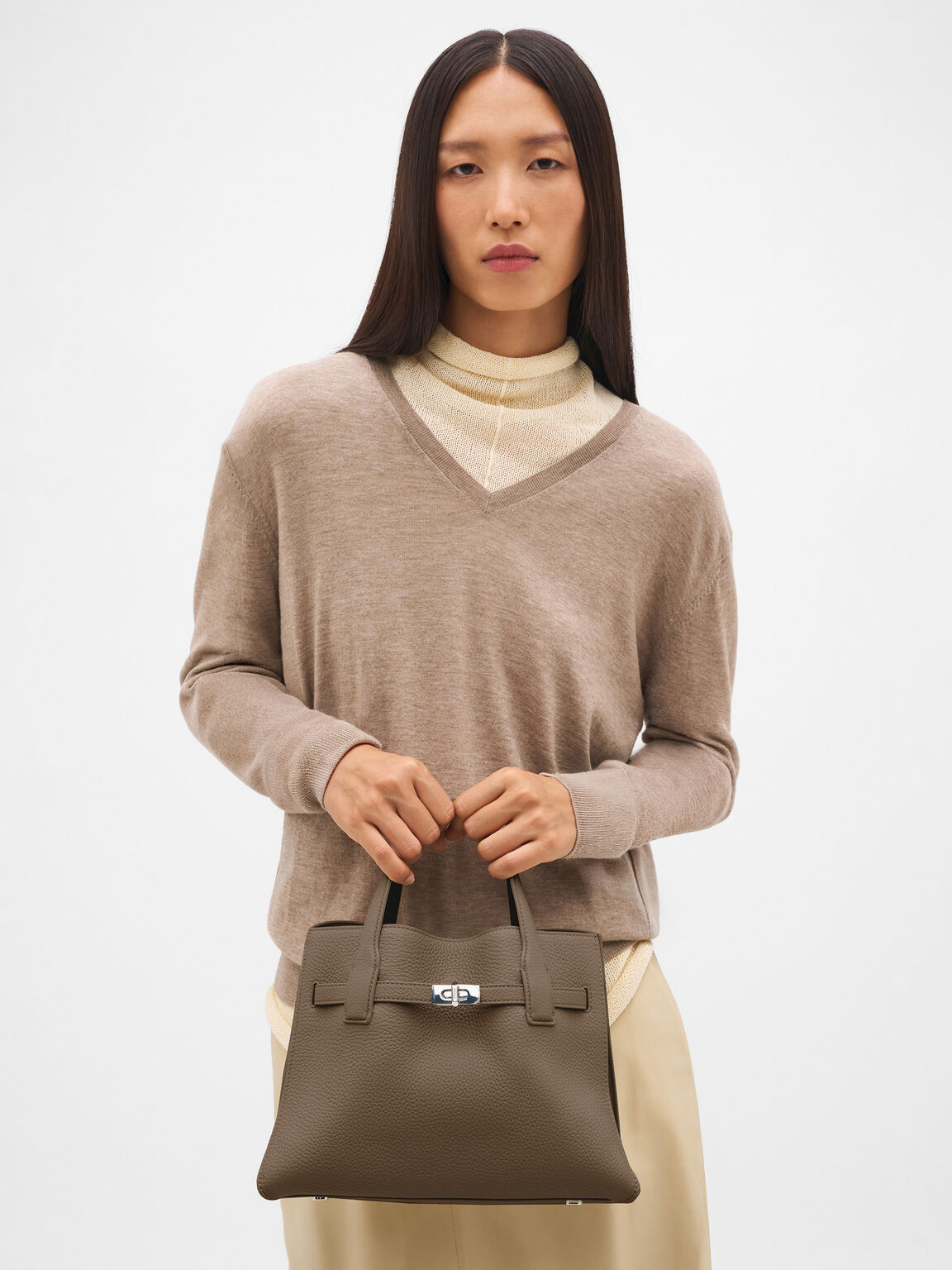 Danielle Medium Leather Handbag, Dark Taupe Tumble