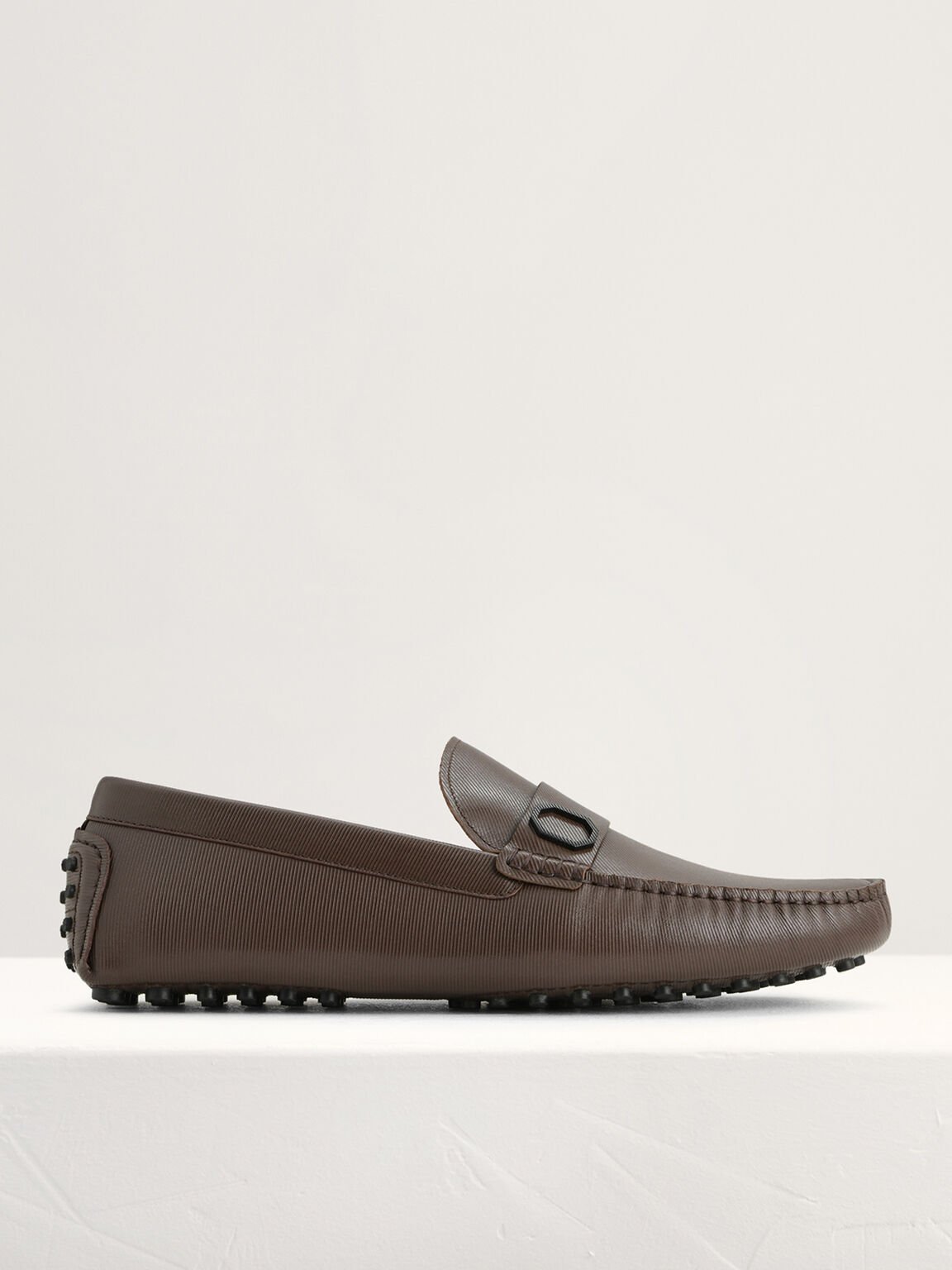 Embossed Leather Moccasins with Octagon Hardware, Dark Brown
