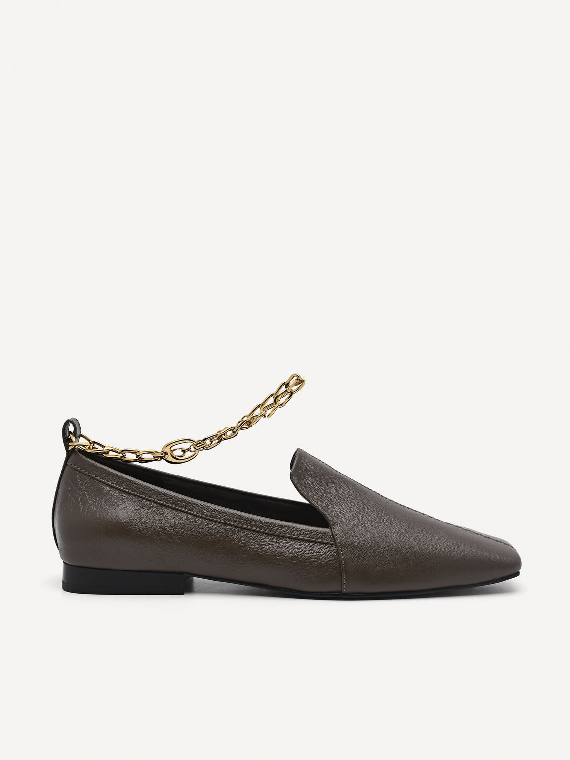 Vanessa Leather Chain-Strap Loafers, Olive