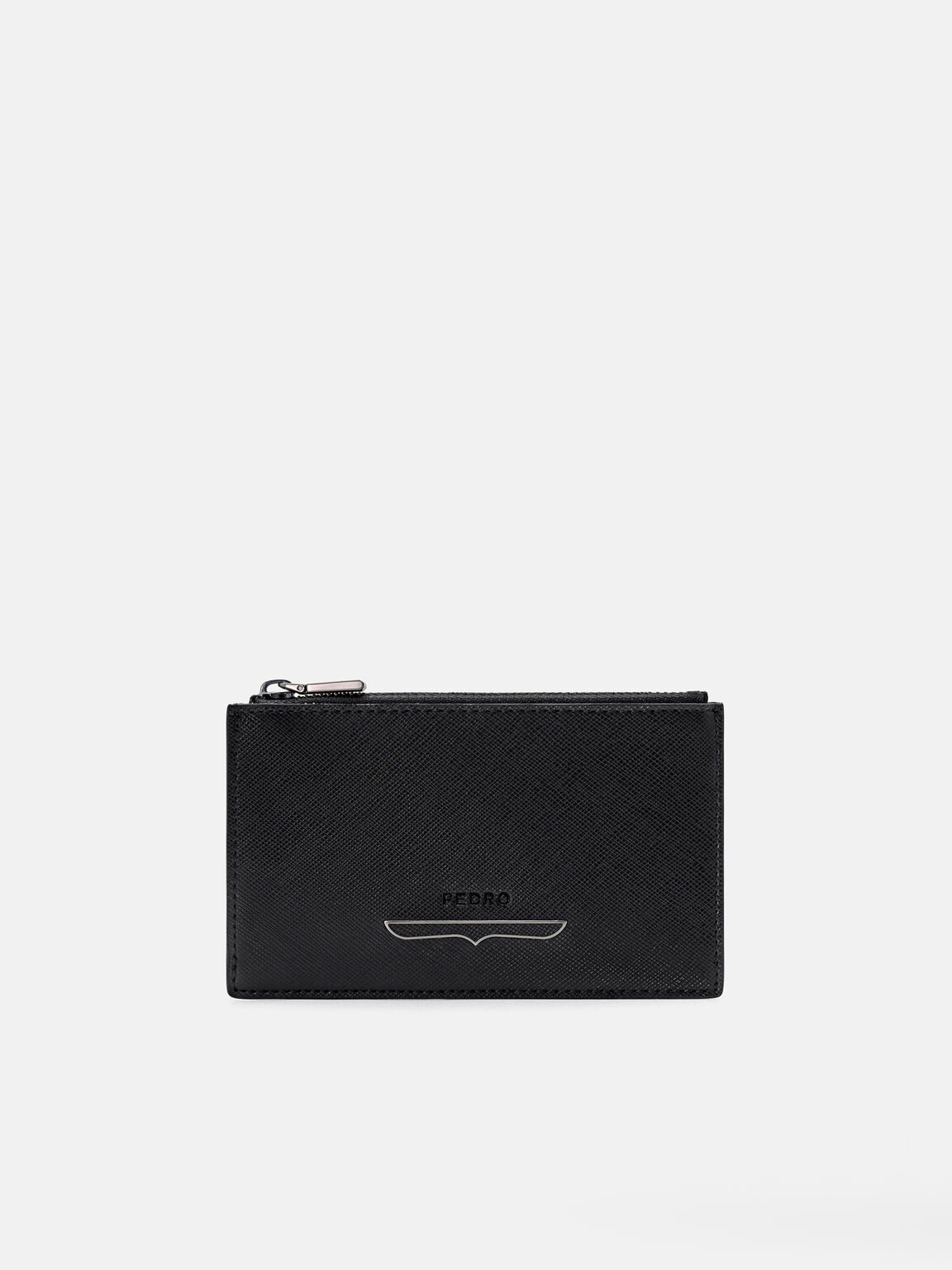 Saffiano Leather Zipped Card Holder, Black Saffiano