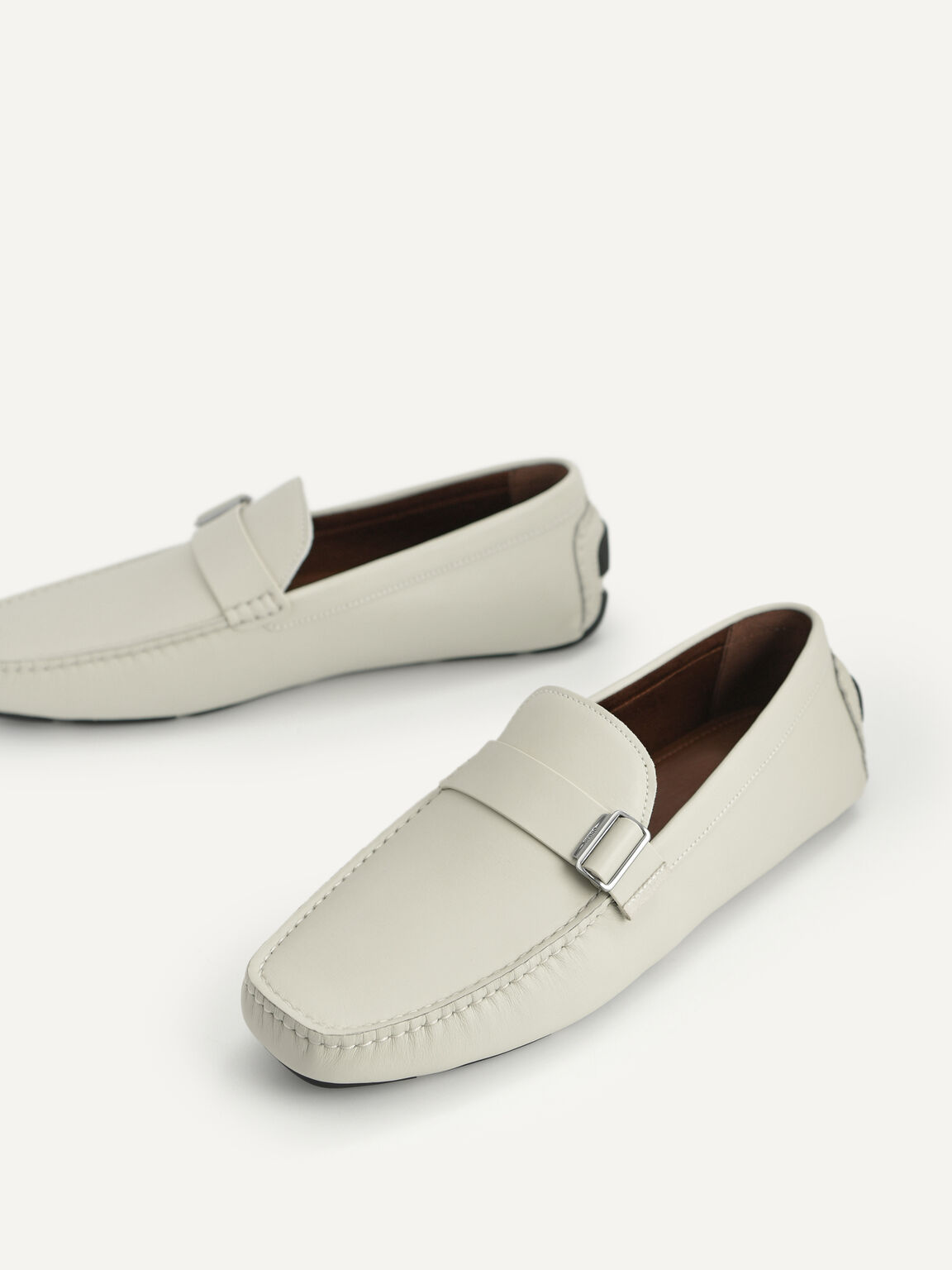 Leather Moccasins with Buckle Detail, Light Grey