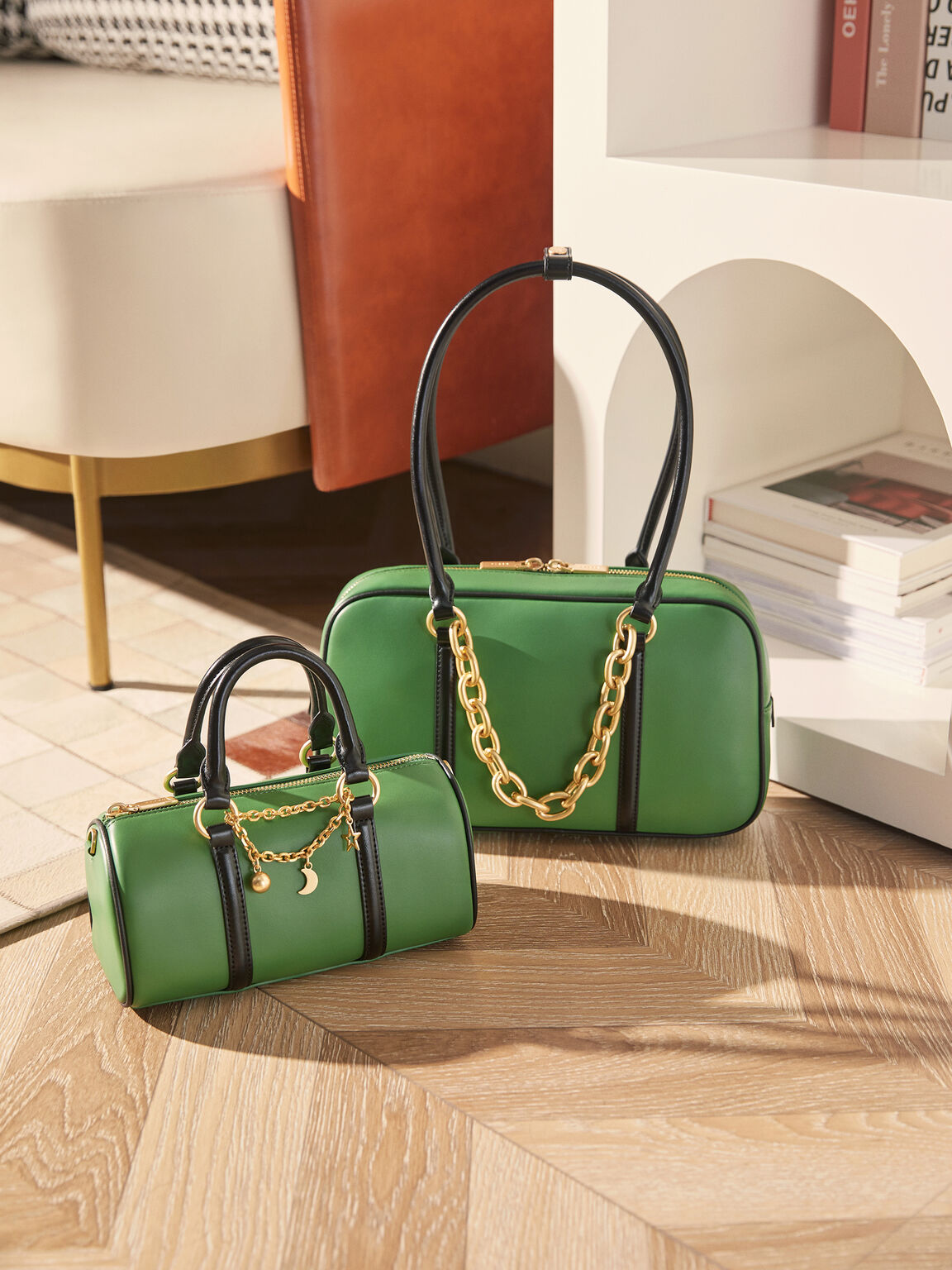 Chain Detailed Top Handle Bag, Green, hi-res