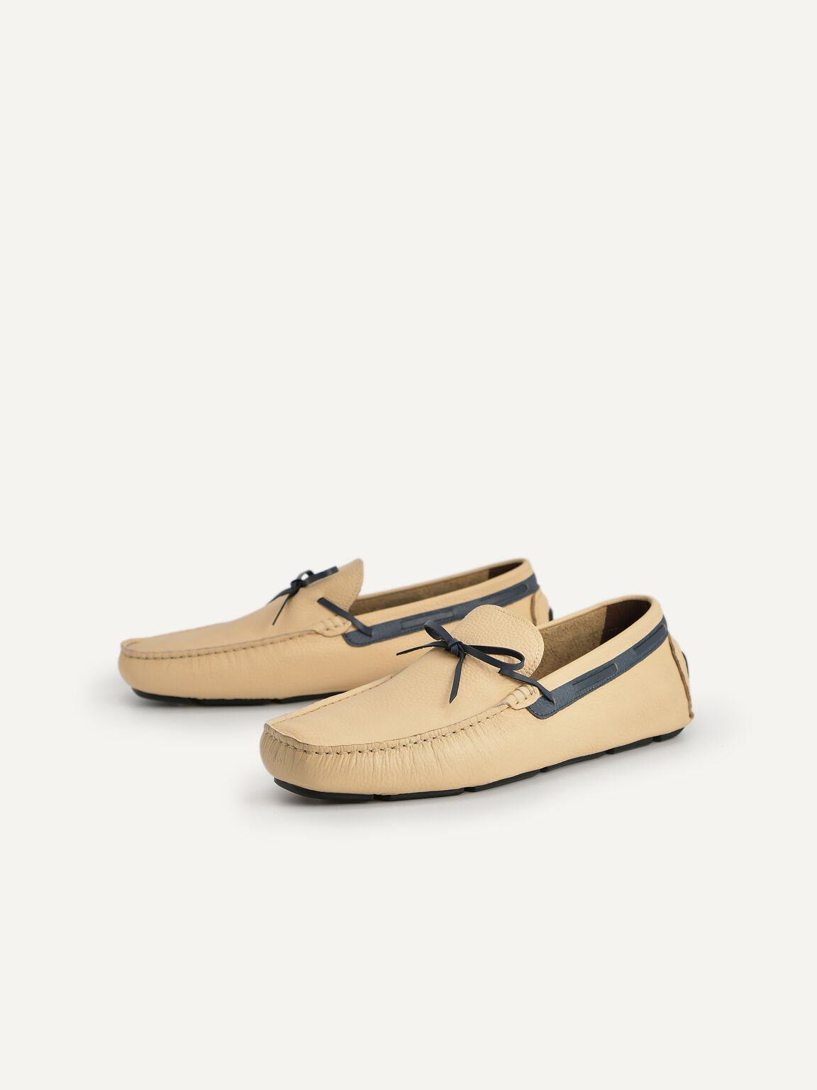 Textured Leather Moccasins with Bow, Beige