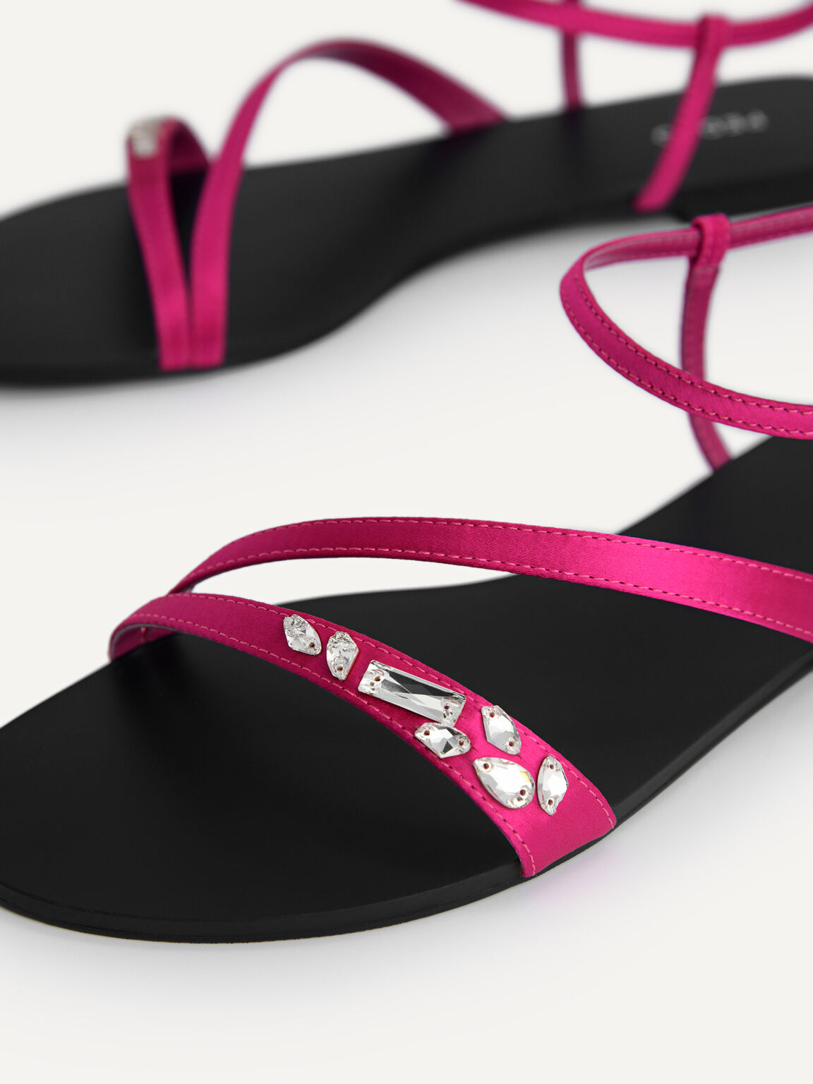 Embellished Satin Strappy Sandals, Fuchsia