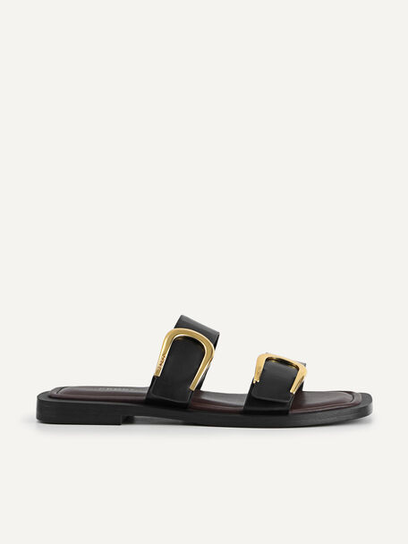 Double Strap Sandals with Buckle Detail, Black, hi-res