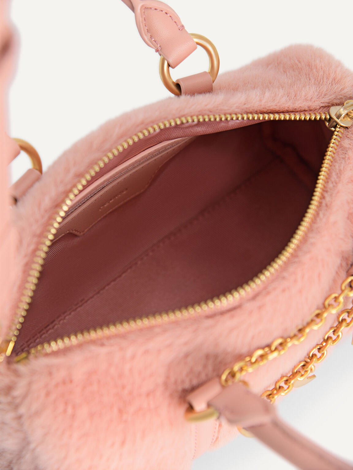 Trinklet Detailed Faux Fur Bowling Bag, Pink