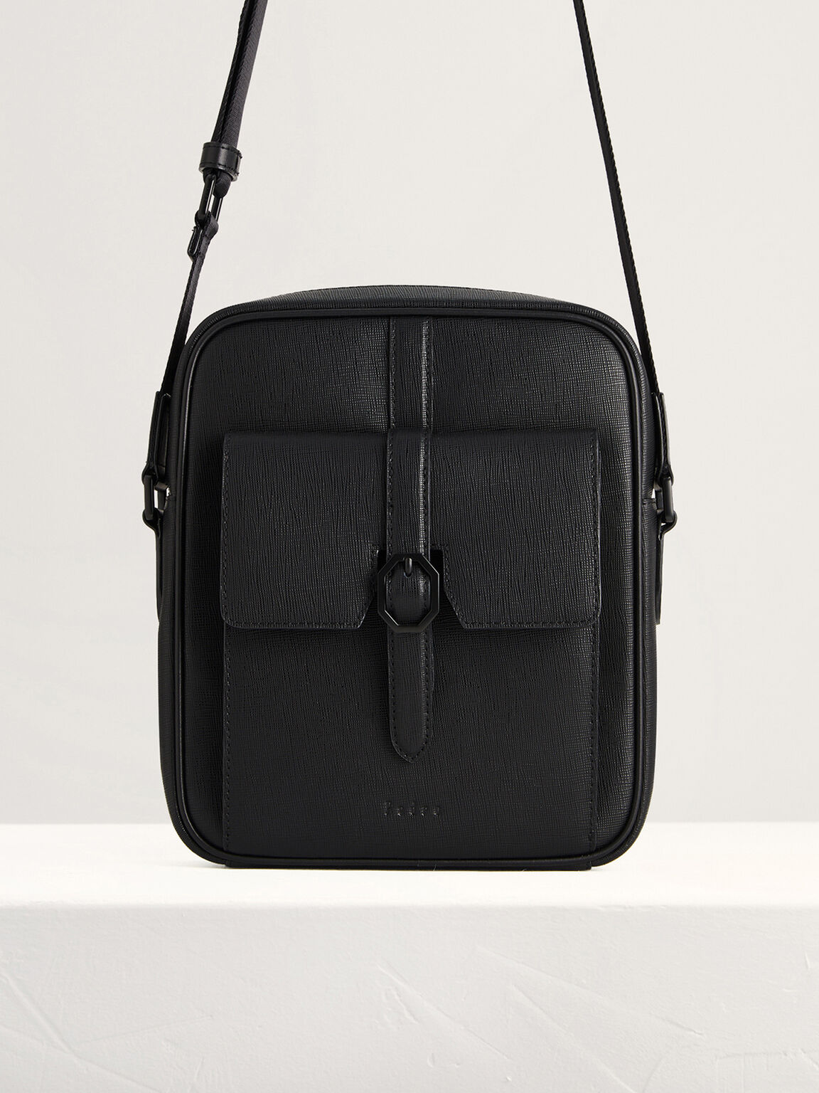 Buckled Leather Sling Bag, Black
