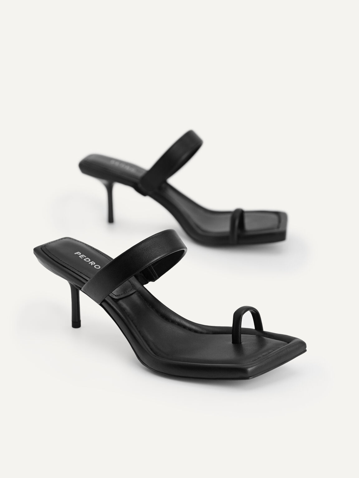 Strappy Toe Loop Heeled Sandals, Black