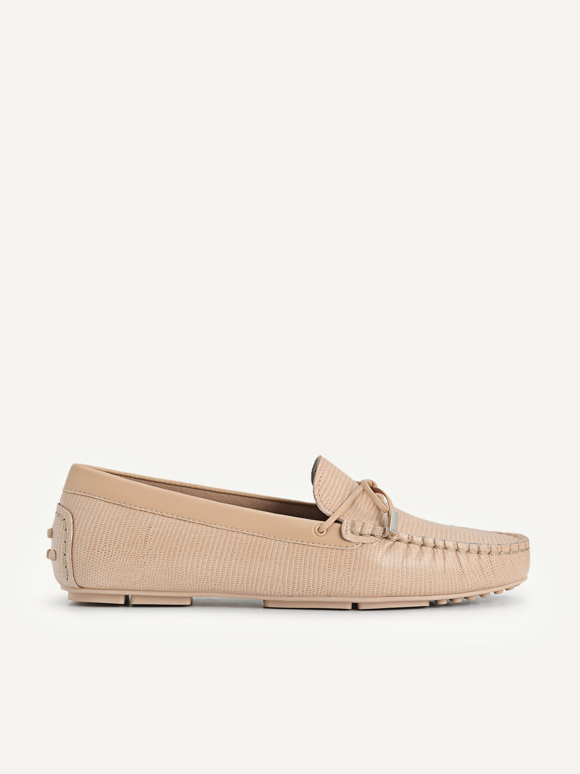 Meryl Lizard-effect Leather Bow Moccasins, Nude