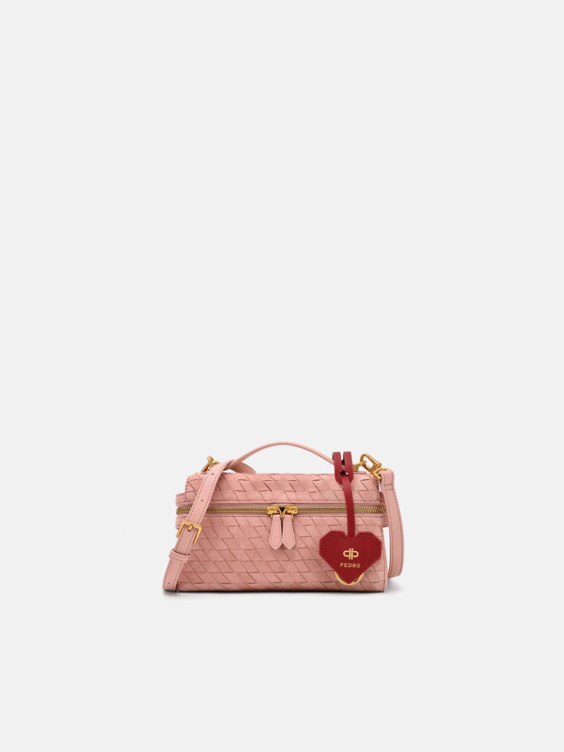 Alyssa Suede Woven Shoulder Bag with Charm, Pink Weave