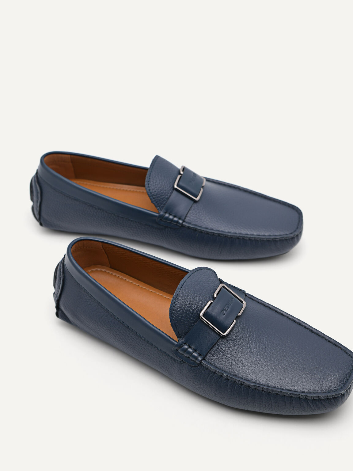 Embossed Leather Moccasins, Navy