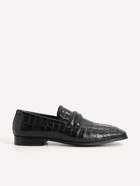 Croc-Effect Leather Loafers, Black