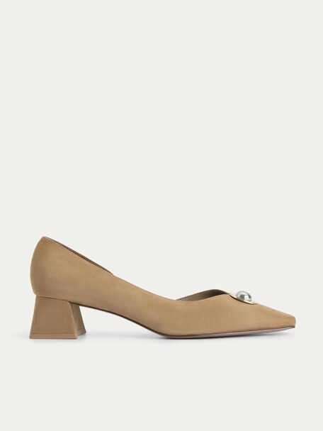 Metal-Embellished Suede Leather Pumps, Taupe