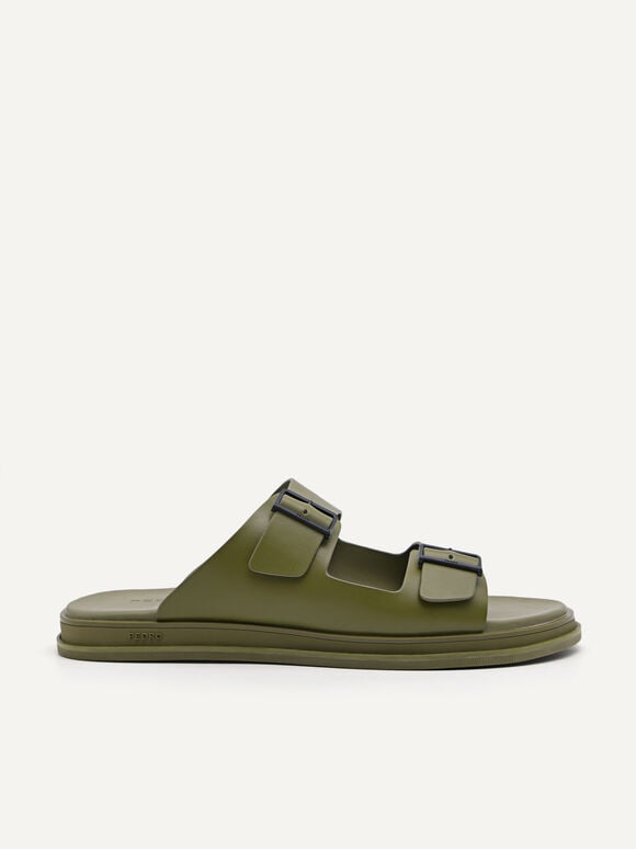 Monochrome Double Strap Slide Sandals, Olive