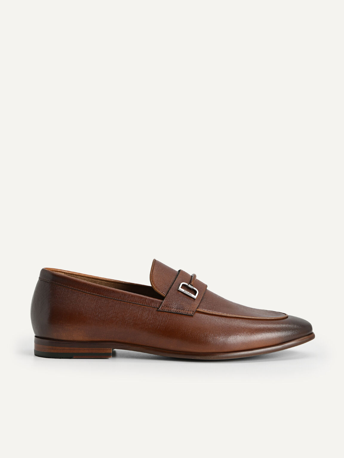 Textured Leather Loafers with Metal Bit - Cognac