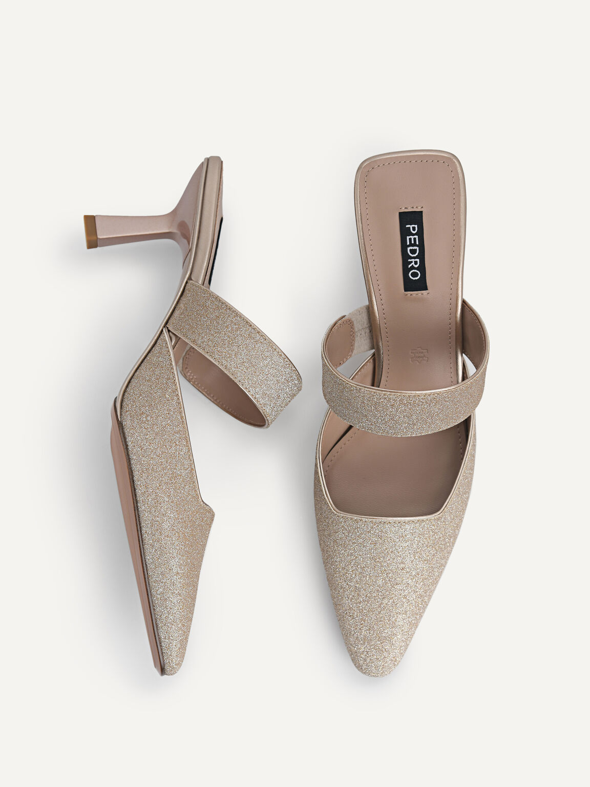 Glitter Leather Heeled Mules, Gold