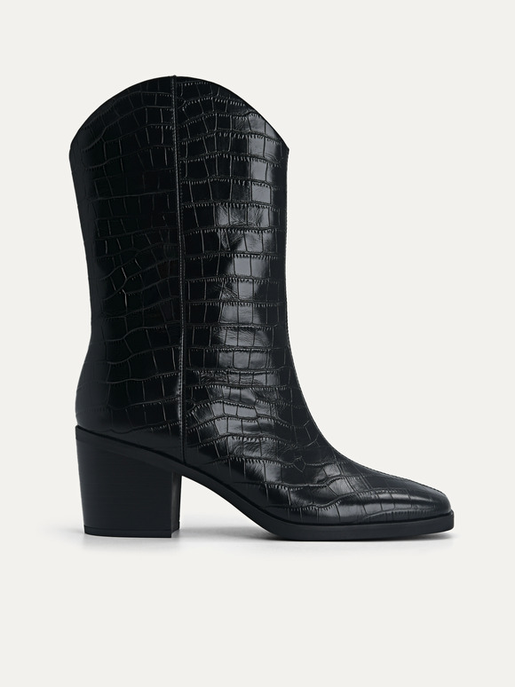 Croc-Effect Leather Ankle Boots, Black