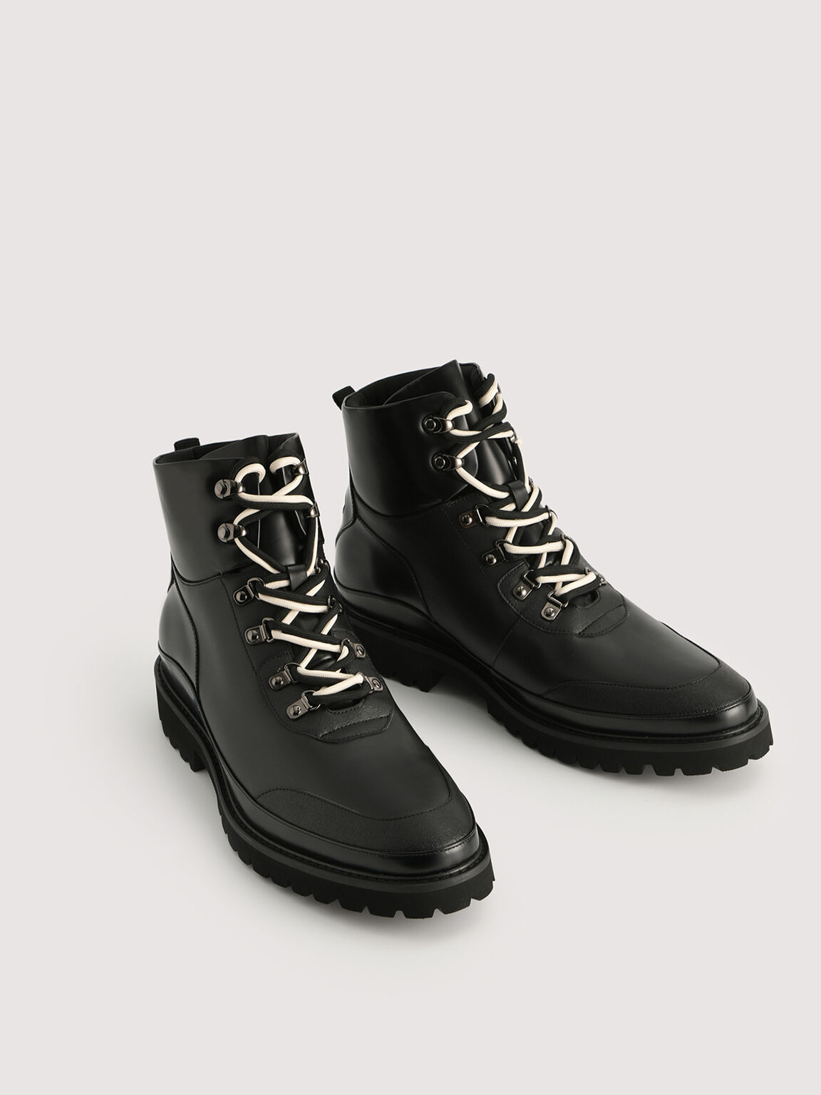 Leather Combat Boots, Black, hi-res