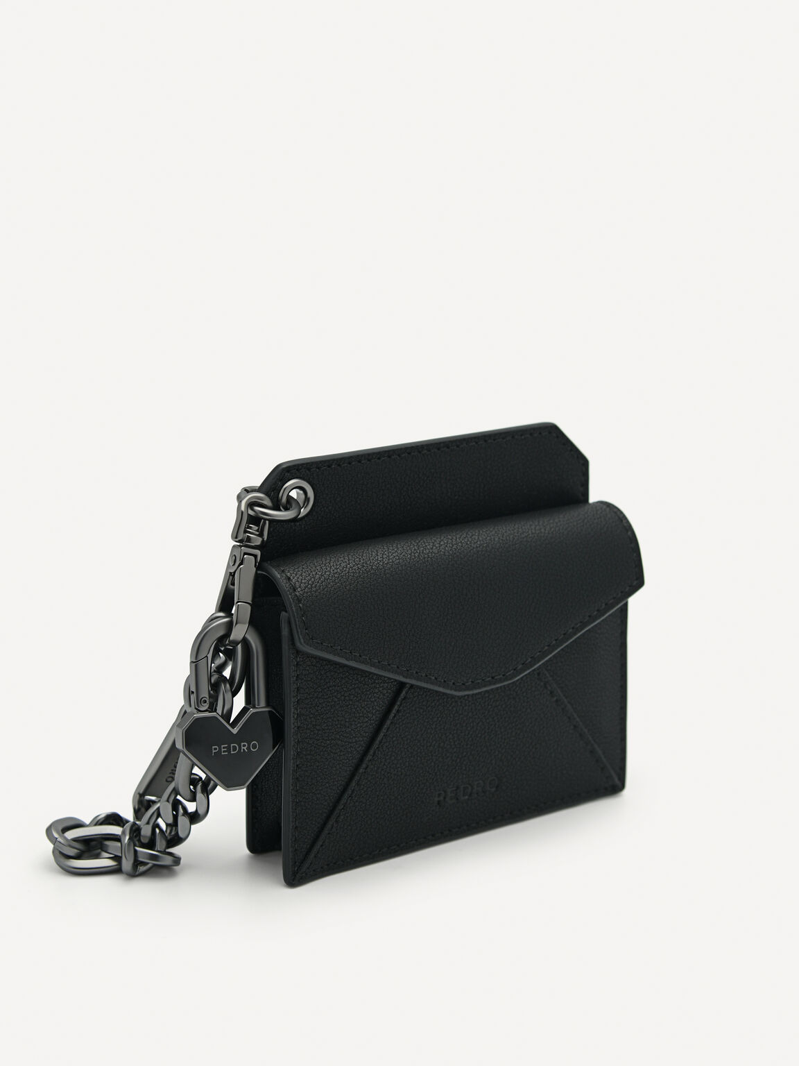 Leather Bi-Fold Card Holder with Key Chain, Black
