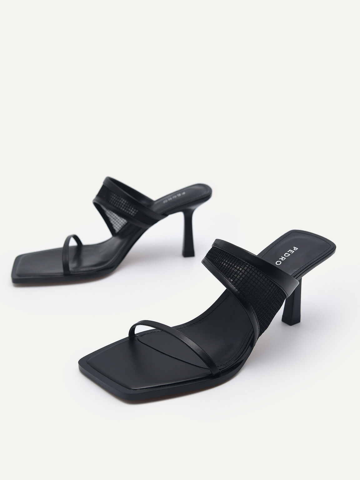Capri Double Strap Mesh Heel Sandals, Black