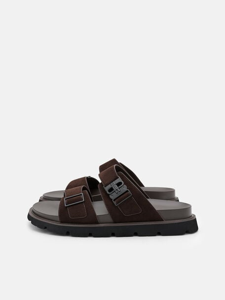 Buckle Slide Sandals, Dark Brown Suede