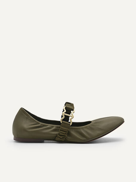 Leather Ballerina with Ruche Strap, Military Green