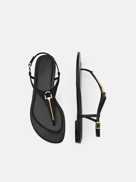 Leather T-Bar Sandals, Black