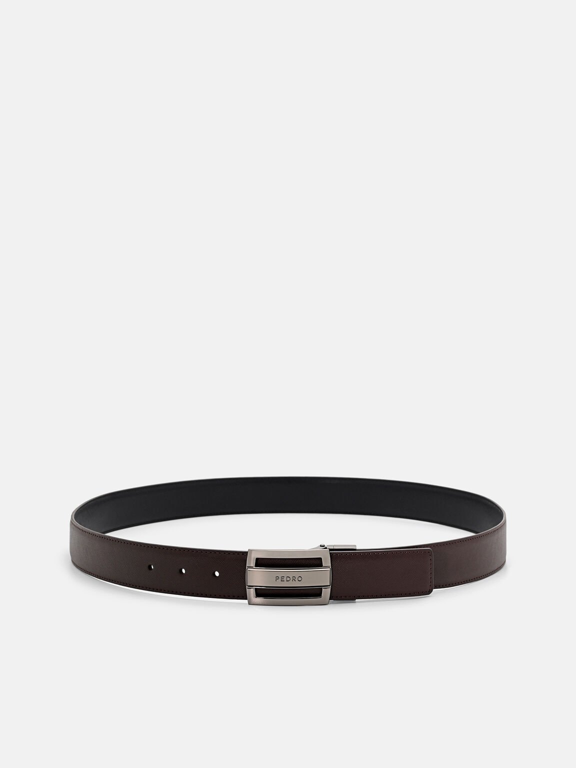 Leather Reversible Tang Belt, Dark Brown Saffiano