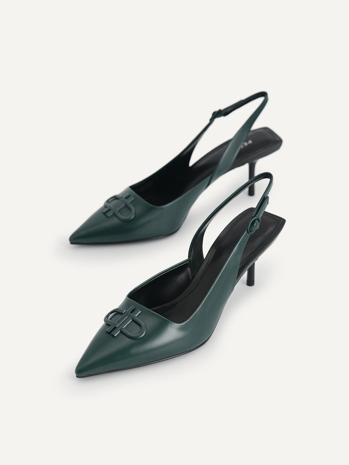 Icon Leather Pointed Toe Slingback Heels, Dark Green, hi-res