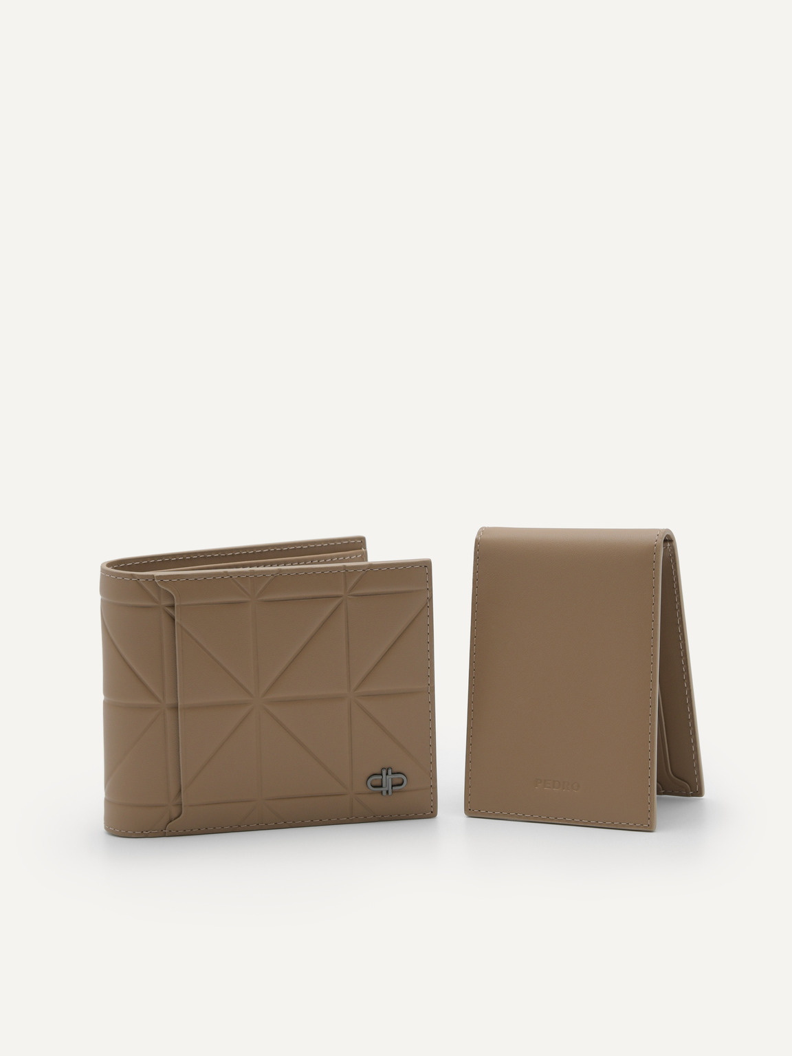 PEDRO標誌幾何圖案皮革雙折疊錢包配貼袋, 灰褐色
