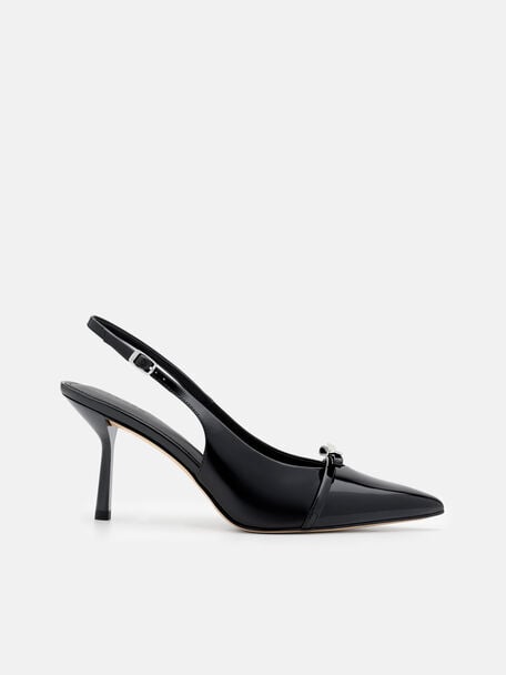 Jeanine Patent Leather Heel Slingback Pumps, Black Patent