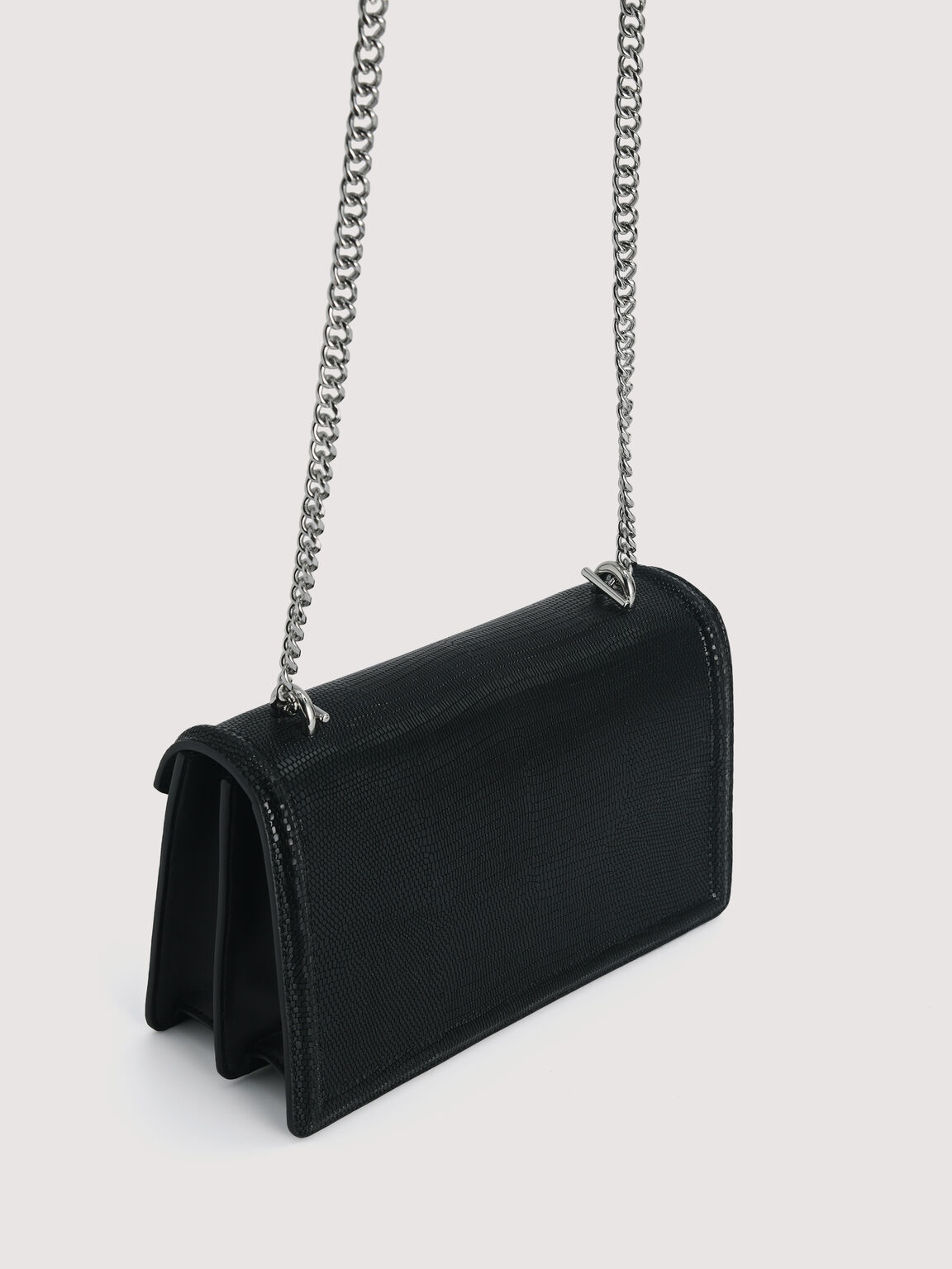 Lizard-Effect Leather Envelope Shoulder Bag, Black, hi-res