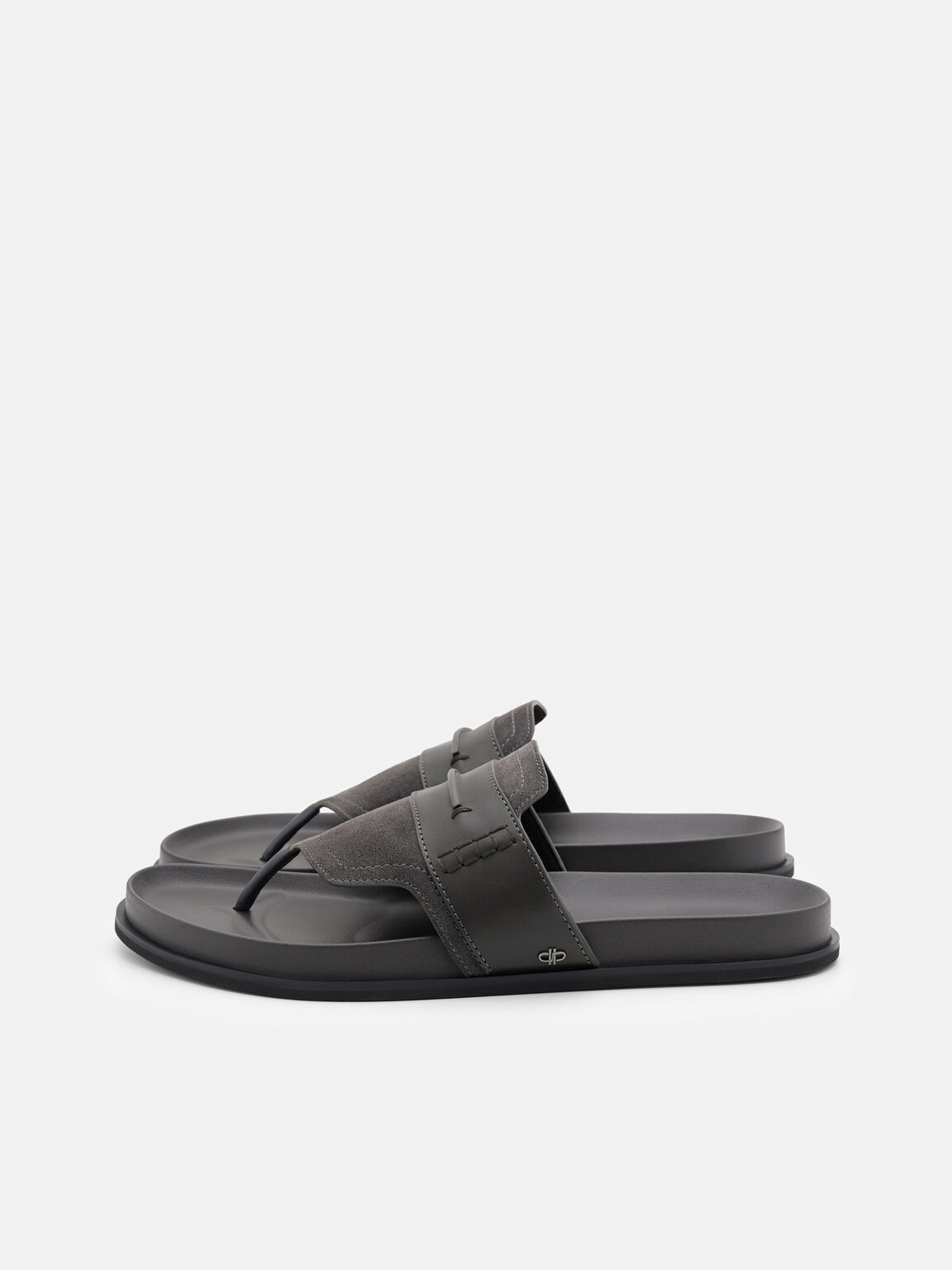 Suede Penny Thong Sandals, Dark Grey