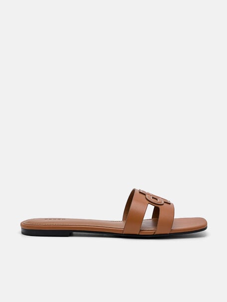 Leather Slip-On Sandals, Cognac