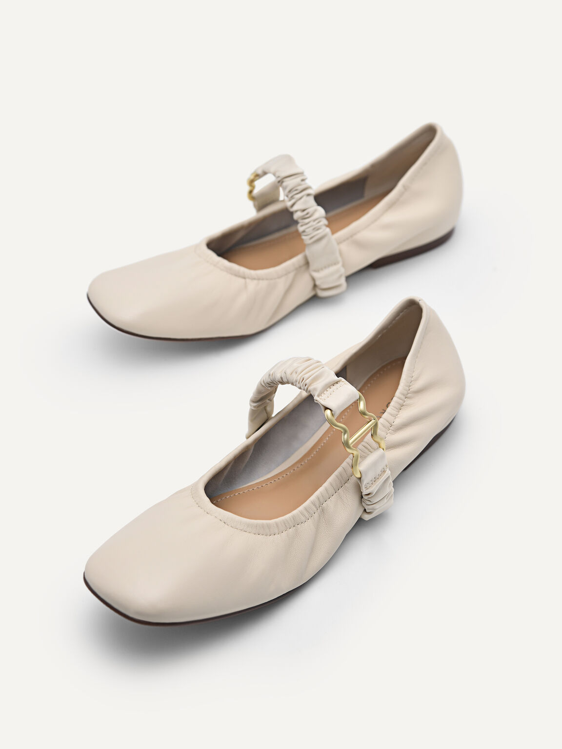 Leather Ballerina with Ruche Strap, Sand