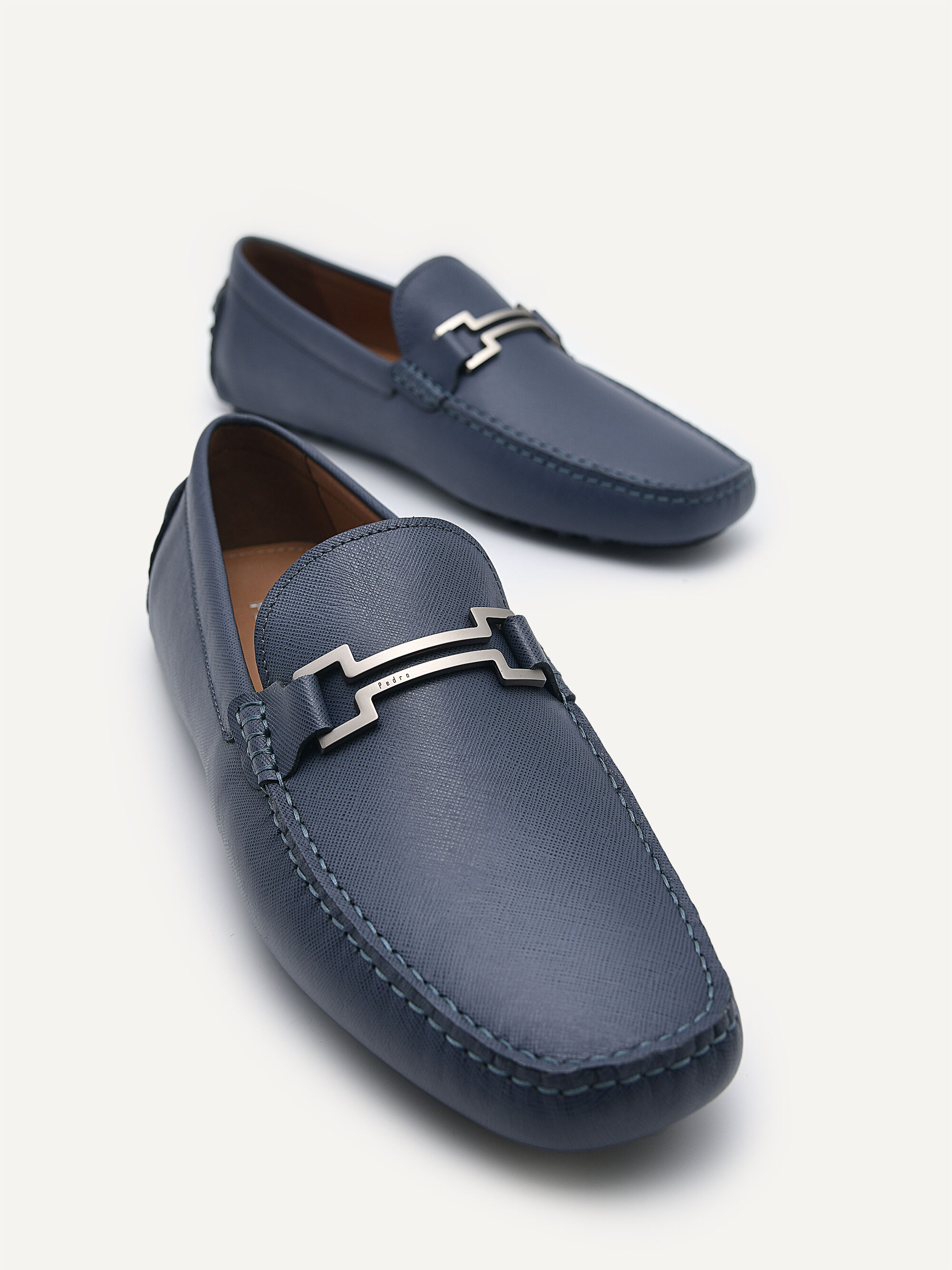 Embossed Leather Moccasins - Navy