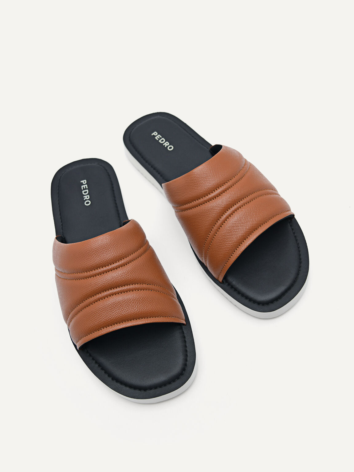 Ribbed Plush Synthetic Leather Slides, Cognac