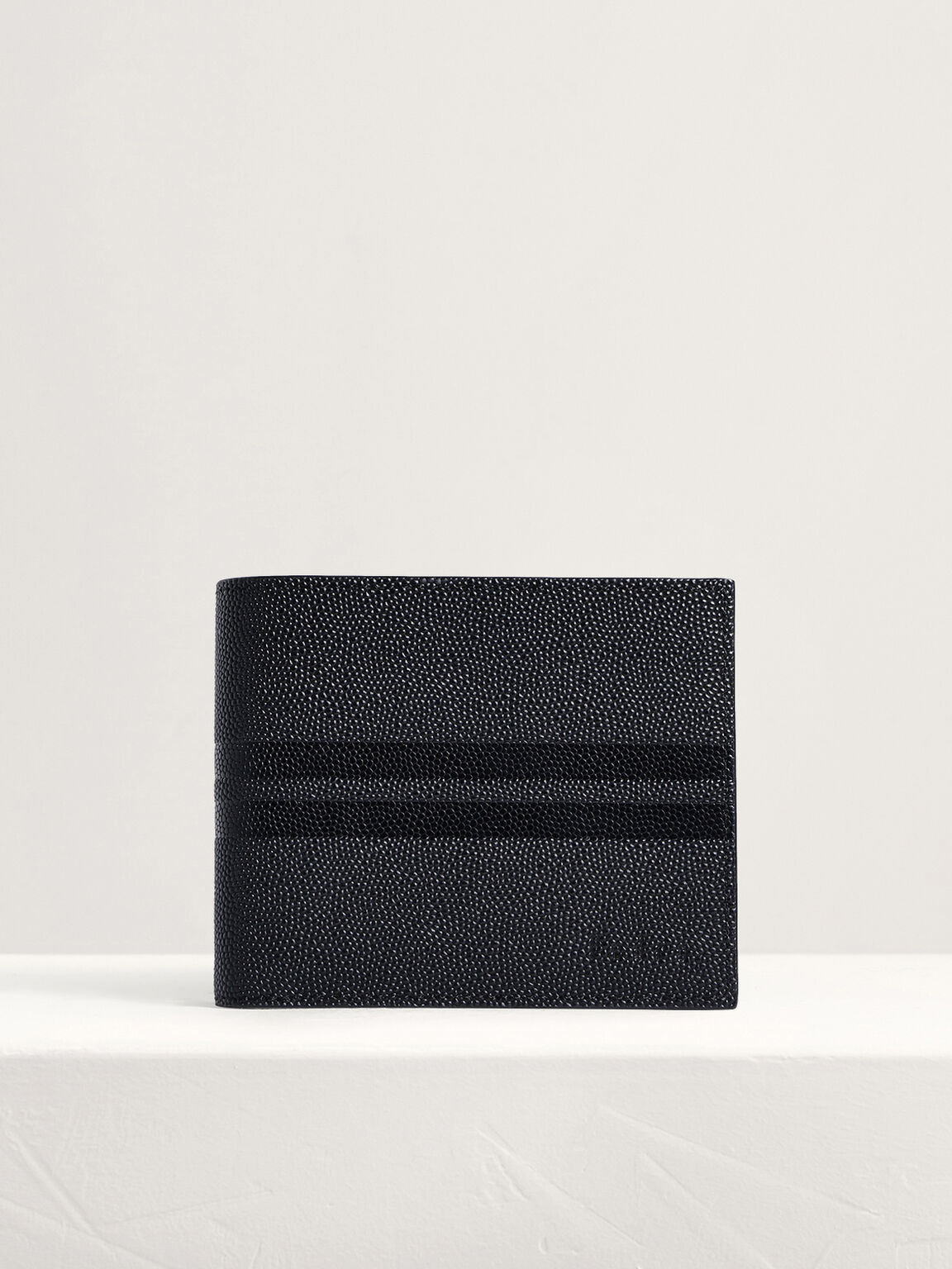 Striped Leather Bi-Fold Flip Wallet, Black