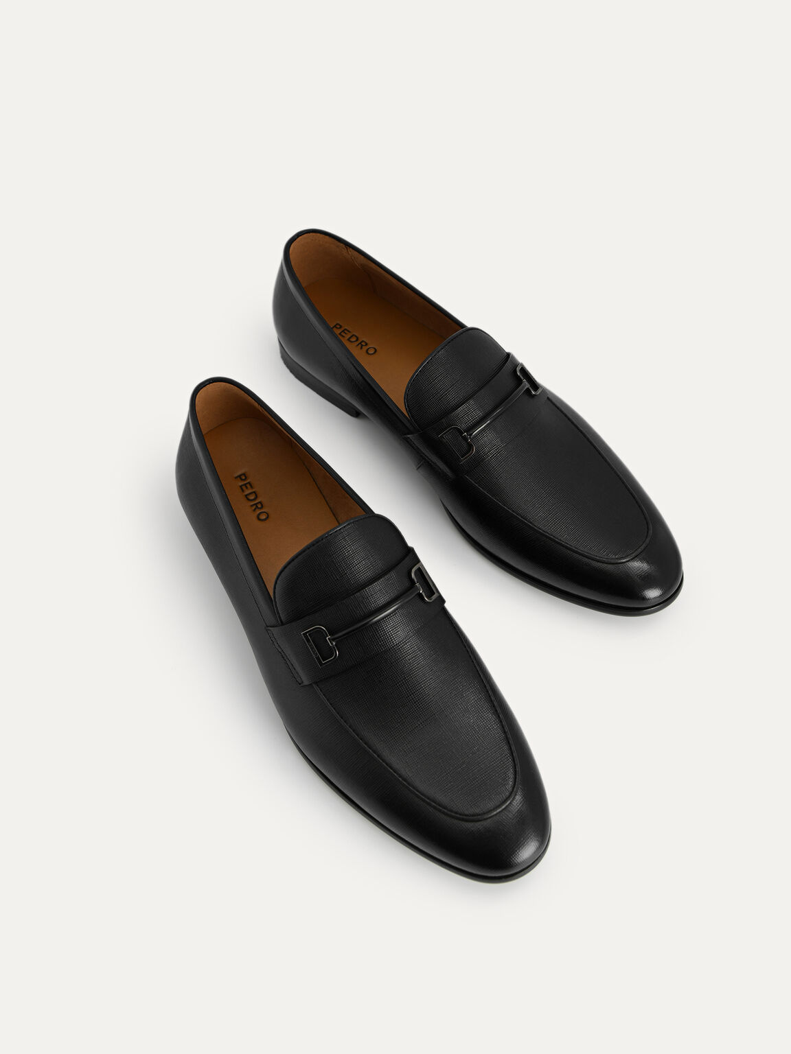 Textured Leather Loafers with Metal Bit, Black