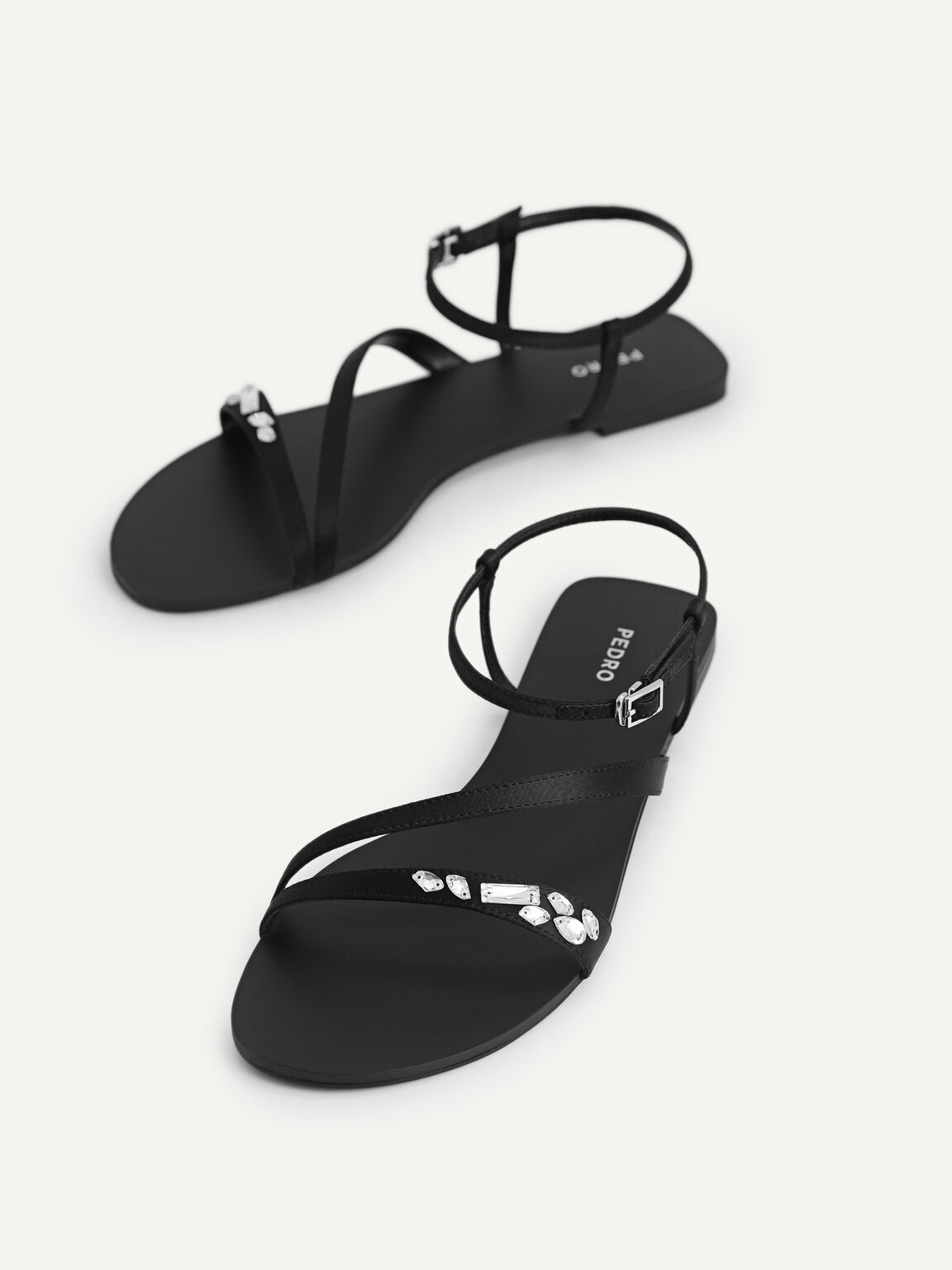 Embellished Satin Strappy Sandals, Black