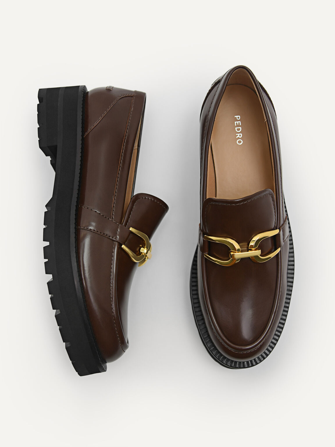 Chunky Loafers with Chain Detail, Dark Brown, hi-res