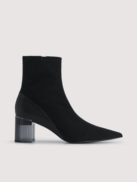 Paneled Leather Ankle Boots with Decorative Heel, Black